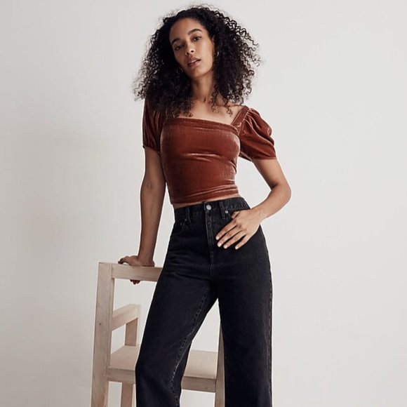 Madewell Hopewell Puff-Sleeve Crop Top in Silk-Blend Velvet - NWOT - Picture 6 of 7